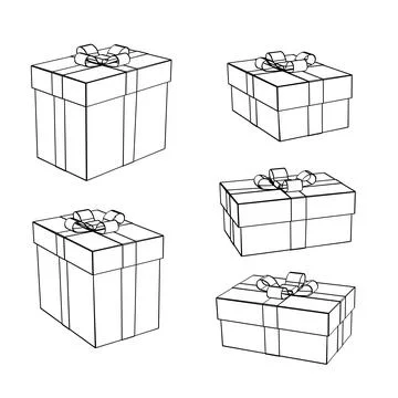 Giftbox. Set. Vector line art. Realistic gift box, with a bow, isolated on a Stock Illustration