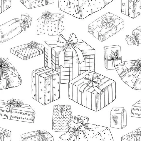 Giftbox sketch pattern. Seamless print with birthday and Christmas cardboard box Stock Illustration