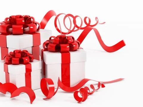 Giftboxes wrapped with red ribbon isolated on white background. 3D illustrati Stock Illustration