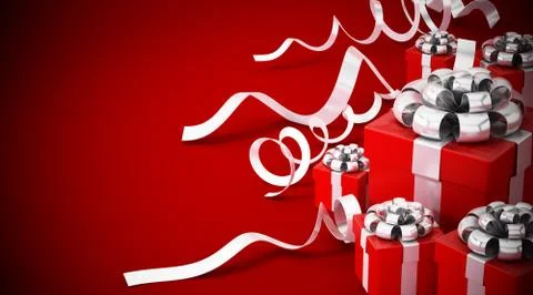 Giftboxes wrapped with silver ribbons on red background. 3D illustration Stock Illustration
