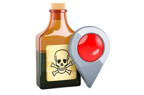 Giftflasche mit Kartenzeiger. 3D-Rendering Poison bottle with map pointer.... 스톡 사진
