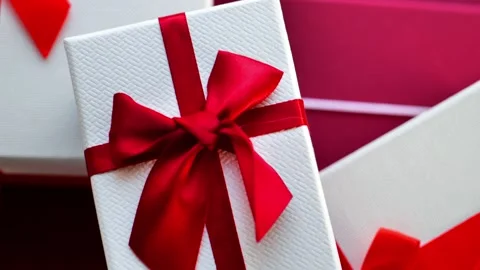 Gifts background. White boxes with red bows set close-up. Stock Footage 307226567