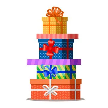 Gifts with bows and ribbons. Stack of colorful present gift boxes. Illustrazione stock