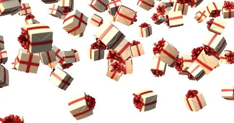 Gifts box falling - white, red ribbon Stock Footage 88357463