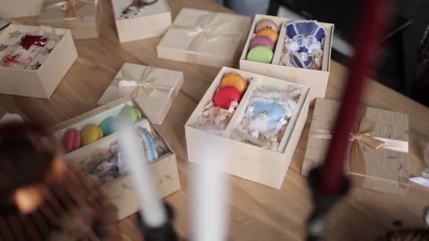 Gifts in Boxes With Macaroon 스톡 동영상 71512489