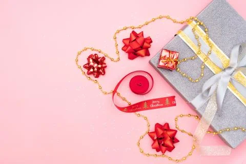 Gifts boxes or presents boxes with red bows on pink background for birthday,  Stock Photos
