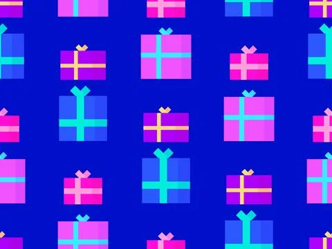 Gifts boxes seamless pattern. Christmas gift boxes with colorful ribbons. X.. Stock Illustration