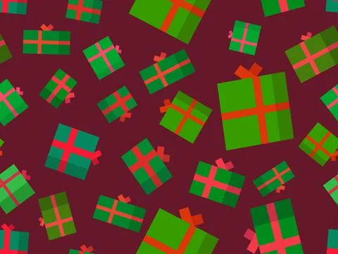 Gifts boxes seamless pattern. Green gift boxes with bows on red background. X Illustrazione stock