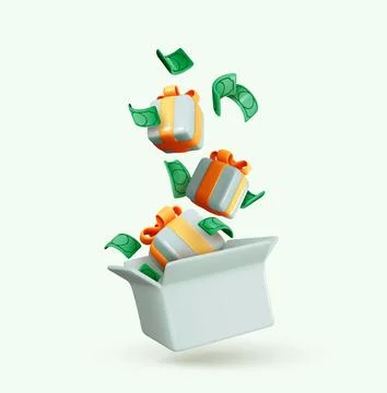 Gifts falling in open box, green dollar paper money. Realistic 3d cartoon des Stock Illustration