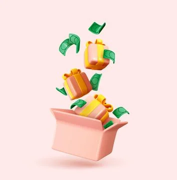 Gifts falling in open pink box, green dollar paper money. Realistic 3d cart.. Stock Illustration