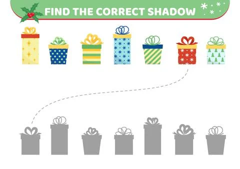 Gifts. Find the correct shadow. Shadow matching game. Christmas presents Illustrazione stock