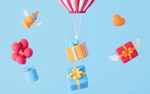 Gifts with flying balloon, 3d rendering. Stock Illustration