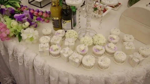 Gifts for the guests at the wedding table Stock Footage 81320532