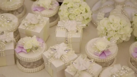 Gifts for the guests at the wedding table Stock Footage 81320592