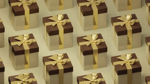 Gifts or present boxes rotation, spinning pattern animation. Golden ribbons Video stock 156032366