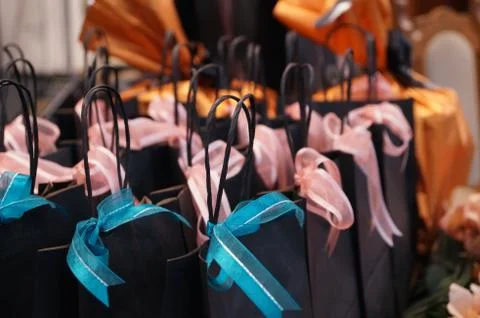Gifts packs on table Stock Photos