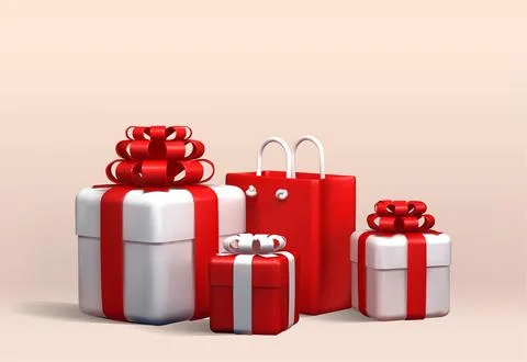 Gifts with present bag vector 3d illustration. White and red gift box with re Stock Illustration
