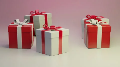 Gifts, present boxes animation. Red and white ribbons, paper bows Stockbeeldmateriaal 157425058