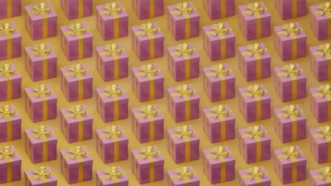 Gifts, present boxes pattern. Pink, golden colored paper bow dynamic Stockbeeldmateriaal 158746347