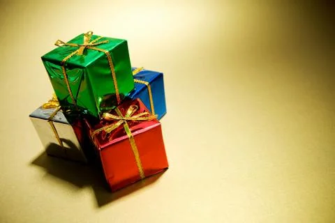 Gifts: stack of small christmas presents with copyspace Stock Photos