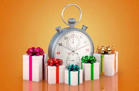 Gifts with stopwatch, 3D rendering 스톡 일러스트