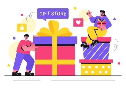 Gifts Store Vector Illustration featuring Wrapped Gift Boxes with Ribbons a.. Illustrazione stock