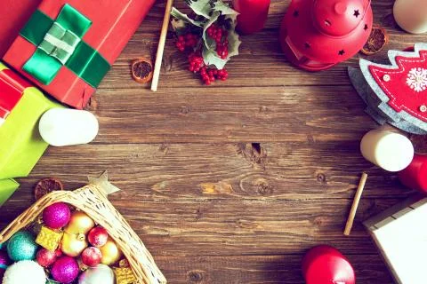 Gifts on a wooden rustic table with copy space. Christmas background. View fr 스톡 사진