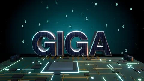 GIGA 3D Text with Binary Data on a Circuit Board Stock Photos
