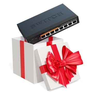 Gigabit Ethernet switch inside gift box, gift concept. 3D rendering Stock Illustration
