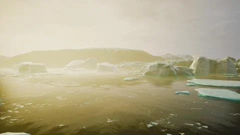 Gigantic Ice block structures on the black sand by the sea shore Stock Illustration