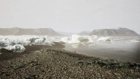 Gigantic Ice block structures on the black sand by the sea shore Stock Illustration