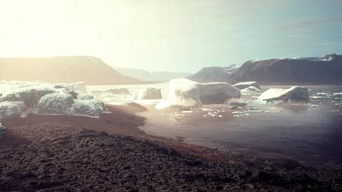 Gigantic Ice block structures on the black sand by the sea shore Stock Illustration