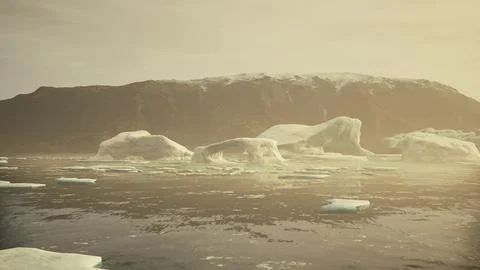 Gigantic Ice block structures on the black sand by the sea shore Stock Illustration