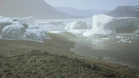 Gigantic Ice block structures on the black sand by the sea shore Stock Illustration