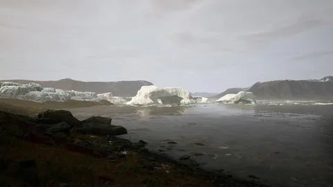 Gigantic Ice block structures on the black sand by the sea shore Stock Illustration