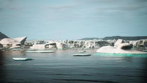 Gigantic Ice block structures on the black sand by the sea shore Stock Illustration