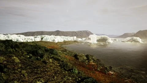 Gigantic Ice block structures on the black sand by the sea shore Stock Illustration