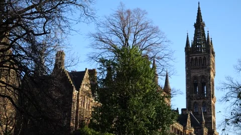 Gilbert Scott Building and Tower at University of Glasgow on Sunny Day Stock Footage 261764610
