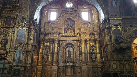 Gilded Altar Wall with Skylight Windows, Iglesia de San Francisco, Ecuador 8K Video stock 331565716