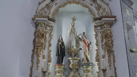 Gilded Baroque Altar Niche With Our Lady of Fatima and Saints Stock Footage 346787341