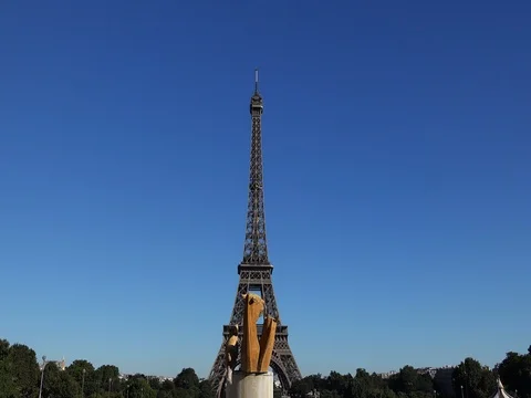 Gilded, bronze animal statues with Eiffel Tower behind, Trocadero, Paris, France Stock Footage 78282772