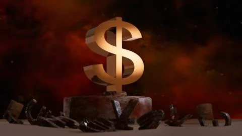 Gilded dollar symbol stands on an old pedestal surrounded by rusty symbols Stock Illustration