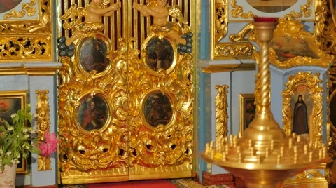 Gilded Interior of the Seven-Domed Cathedral Trinity Day Service Poltava Stock Footage 64106582