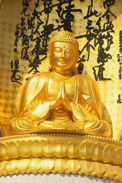 Gilded statue of Buddha sermon position on wall of Vishwa Shanti World Peac.. Stock Photos