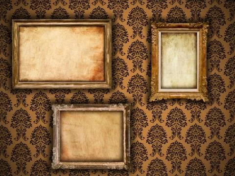 Gilded vintage frames on damask wallpaper background with grunge retro paper Stock Photos