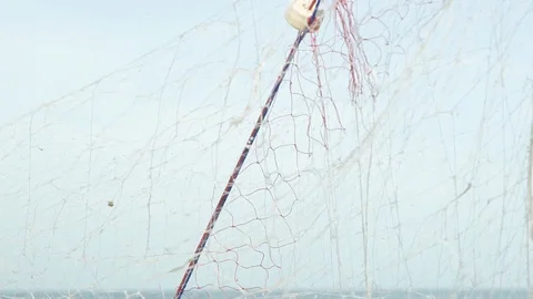 Gill net empty from water sea, Less Fish, Fishermen can catch less fish Stock Footage 128941848