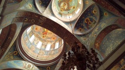 Gimbal ceiling dome Interior New Athos Monastery Abkhazia temple painting fresco Stock Footage 128621290