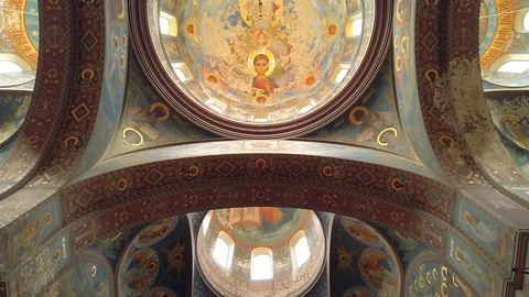 Gimbal ceiling dome Interior New Athos Monastery Abkhazia temple painting fresco Stock Footage 128621342