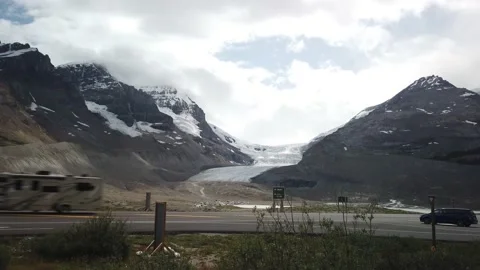 Gimbal Hyperlapse Slows Down in Columbia Ice Fields of Jasper National Park Stock Footage 146968840
