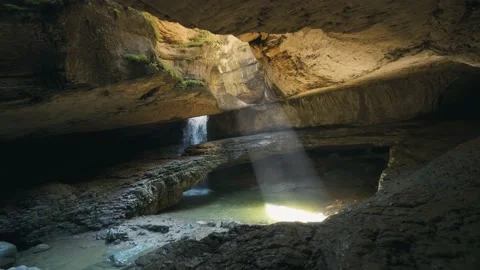 Gimbal mystical cave cavern underground waterfall Salta Dagestan best nature 4k  Stock Footage 150296109